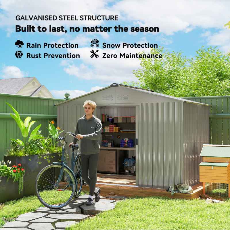 Outsunny 9 x 6ft Metal Garden Shed, Outdoor Storage Tool House with Ventilation Slots, Foundation Kit and Lockable Double Doors, Silver Grey