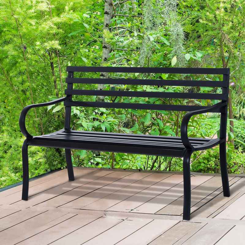 Outsunny 2 Seater Metal Garden Park Bench Porch Chair Furniture Patio Outdoor Park Loveseat Seat Black
