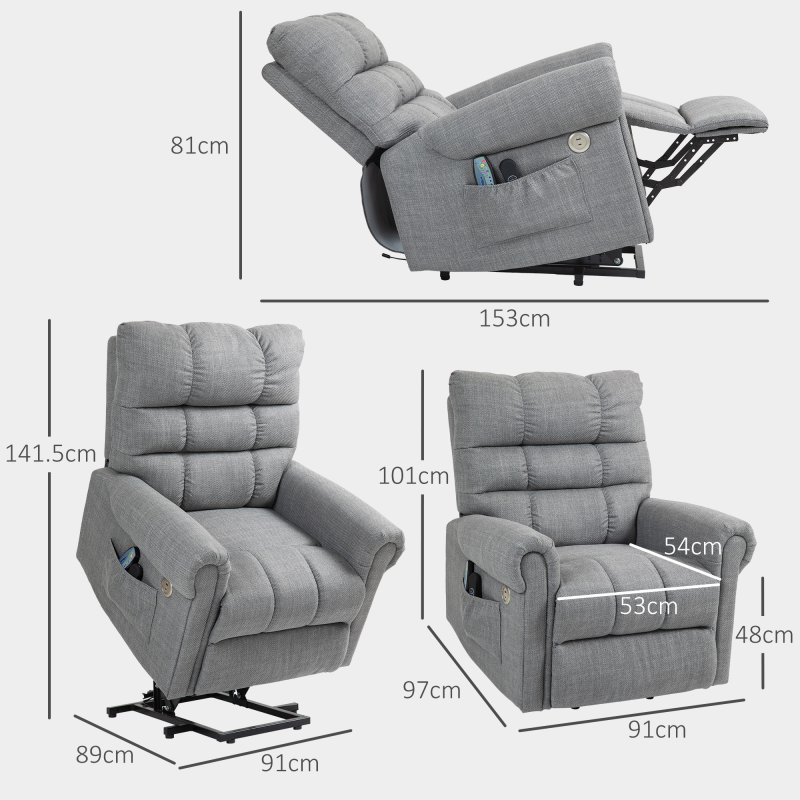 HOMCOM Power Lift Chair for Elderly, Electric Recliner Armchair with Massage and Heat, Type C and USB Ports, Fabric Riser and Reclining Chair with Side Pockets, Grey
