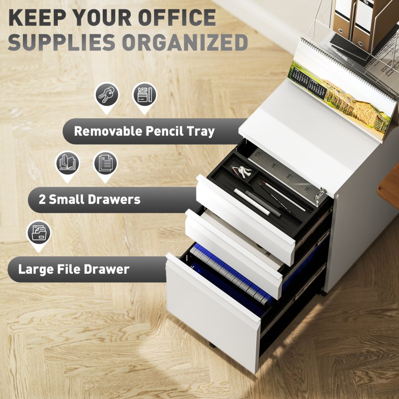 Vinsetto 3-Drawer Filing Cabinet with Lock, Mobile Steel File Cabinet for A4, Legal and Letter Size, Under Desk Drawers with Pre-Assembled Body for Home Office, 30 x 43.5 x 60 cm, White
