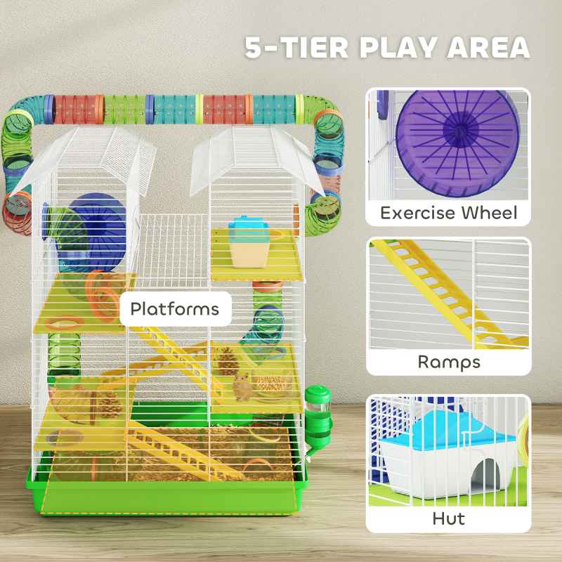 PawHut 5 Tier Hamster Cage Carrier Habitat with Exercise Wheels Tunnel Tube Water Bottle Dishes House Ladder for Dwarf Mice, Green