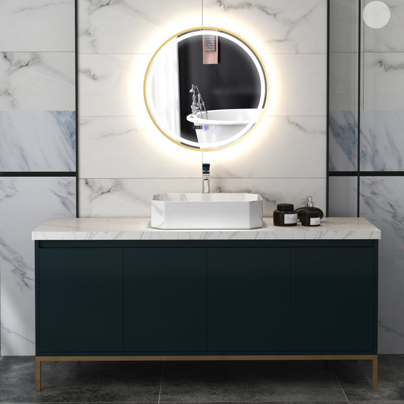 HOMCOM 600mm Round Bathroom Mirror with LED Lights, Wall Mounted Backlit Illuminated Bathroom Mirror with Demister, 3 Colours Dimmable, Memory Function, Touch Switch, Time and Temp Display, Gold Tone