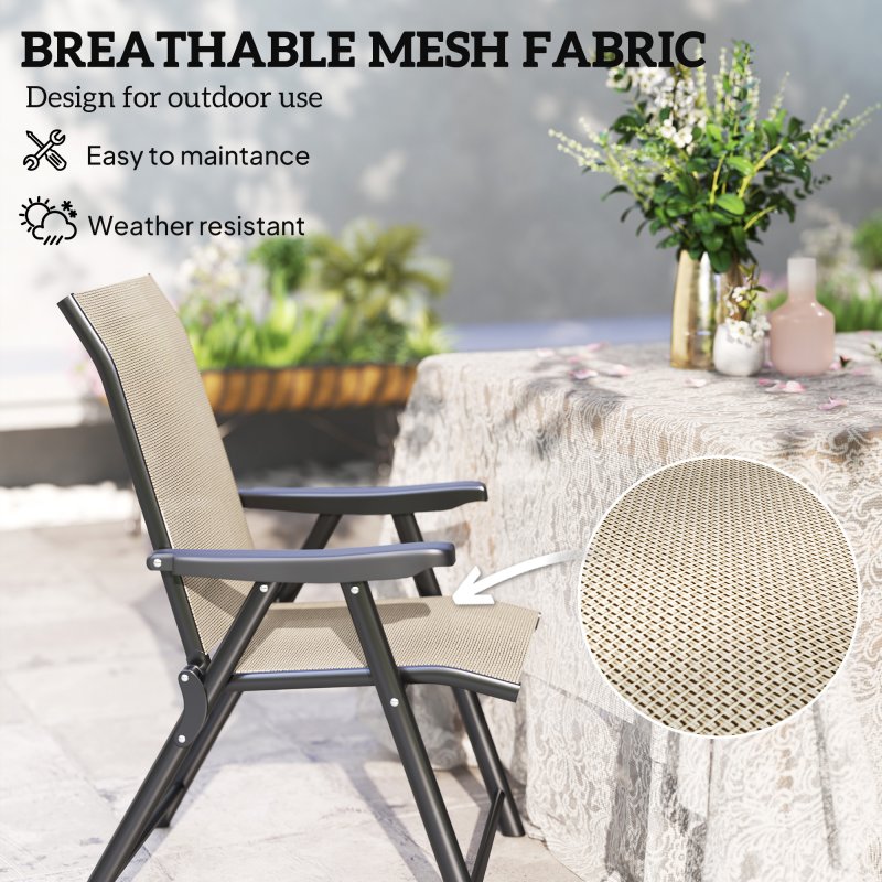 Outsunny Set of 2 Folding Chair, Garden Chair Set with Breathable Mesh Back and Seat, Outdoor Camping Chairs with Armrests, Steel Frame for Deck Balcony, Brown