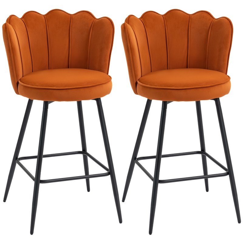 HOMCOM Bar Stools Set of 2, Modern Velvet-Feel Barstools with Petal Backrest and Footrest, Upholstered Breakfast Bar Chairs with Metal Legs for Kitchen Island Counter, Dining Room, Orange