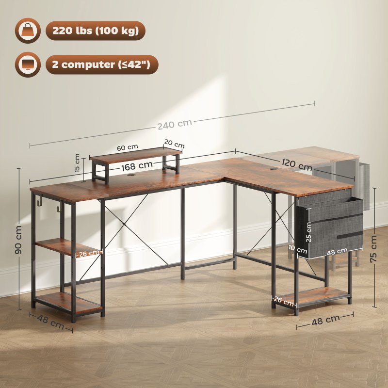 HOMCOM 168cm Reversible L Shaped Desk, Industrial Corner Computer Desk with Adjustable Shelf and Storage Bag, 240cm 2 Person Desk with Monitor Stand, Rustic Brown