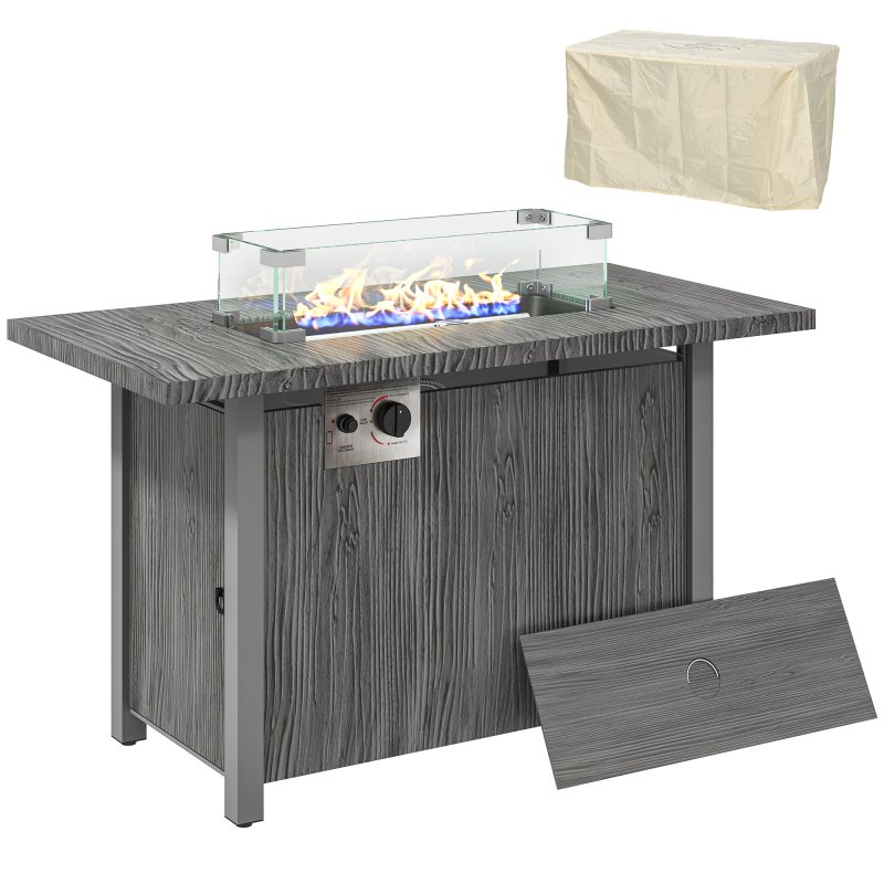 Outsunny Propane Gas Fire Pit Table for Garden, 50000 BTU Smokeless Firepit Outdoor Heater with Waterproof Cover, Glass Screen, Glass Beads and Lid, Wood Effect, 109 x 56 x 63cm, Dark Grey