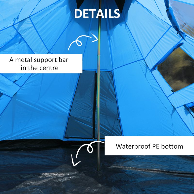 Outsunny 6 Men Tipi Tent, Camping Tent with Mesh Windows, Sewn-in Floor, Two Doors and Carry Bag, Easy Set Up, for Hiking Picnics Outdoor Night, Blue