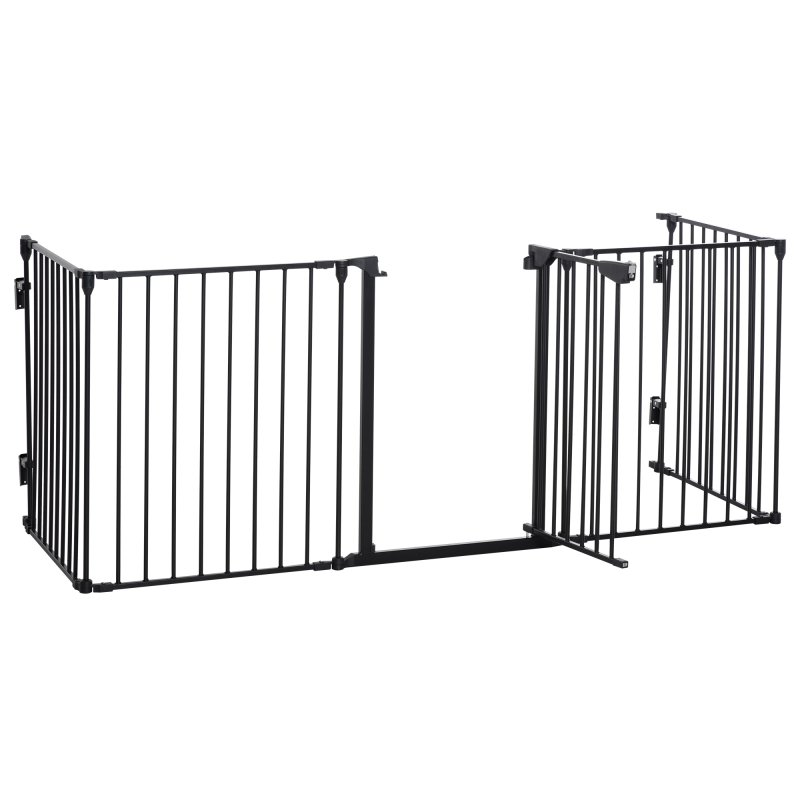 PawHut Pet Safety Gate, 5 Panels Playpen Fireplace, Metal Fence, Stair Barrier, Room Divider w/ Walk-Through Door - Black