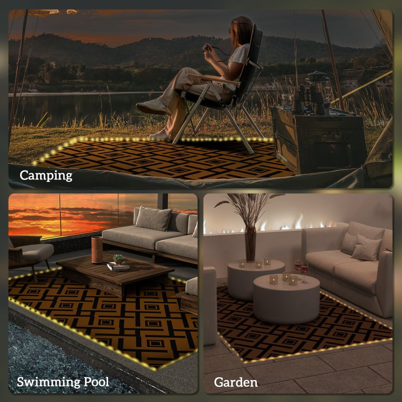 Outsunny Reversible Outdoor Rug with LED String Lights, Waterproof Plastic Straw Mat with Carry Bag for Garden, Deck, RV, Picnic, Beach, Camping, 182 x 274cm, Brown and Black