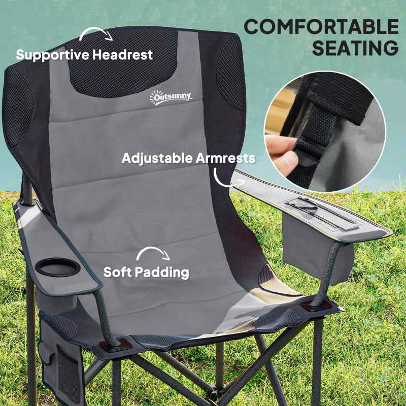 Outsunny Set of 2 Folding Camping Chairs, Padded Camping Chairs with Adjustable Armrests, Portable & Lightweight Folding Camp Chair with Cooler Bag, Cup Holder and Side Pockets, Grey
