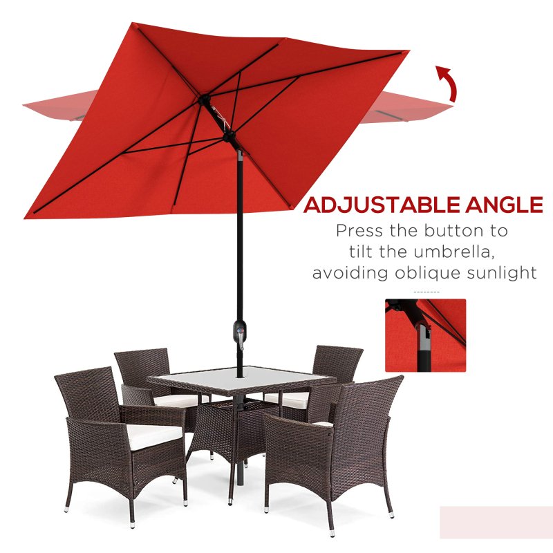 Outsunny 2 x 3(m) Garden Parasol Umbrella, Rectangular Outdoor Market Umbrella Sun Shade with Crank & Push Button Tilt, 6 Ribs, Aluminium Pole, Wine Red