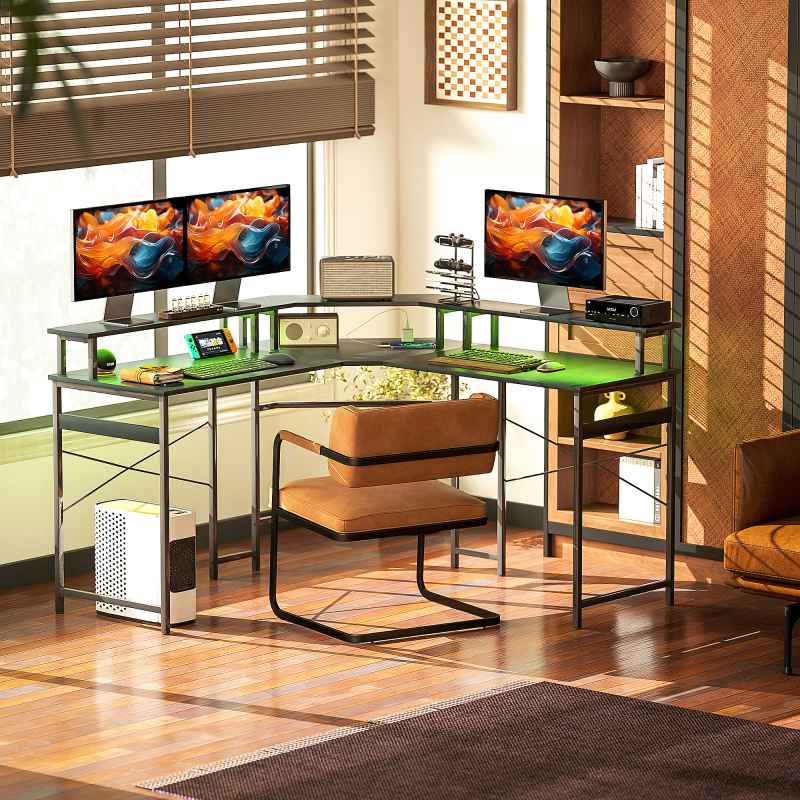 HOMCOM L Shaped Desk with Power Outlets and LED Lights, Corner Computer Desk with Monitor Stand, Gaming Desk for Home Office, Black