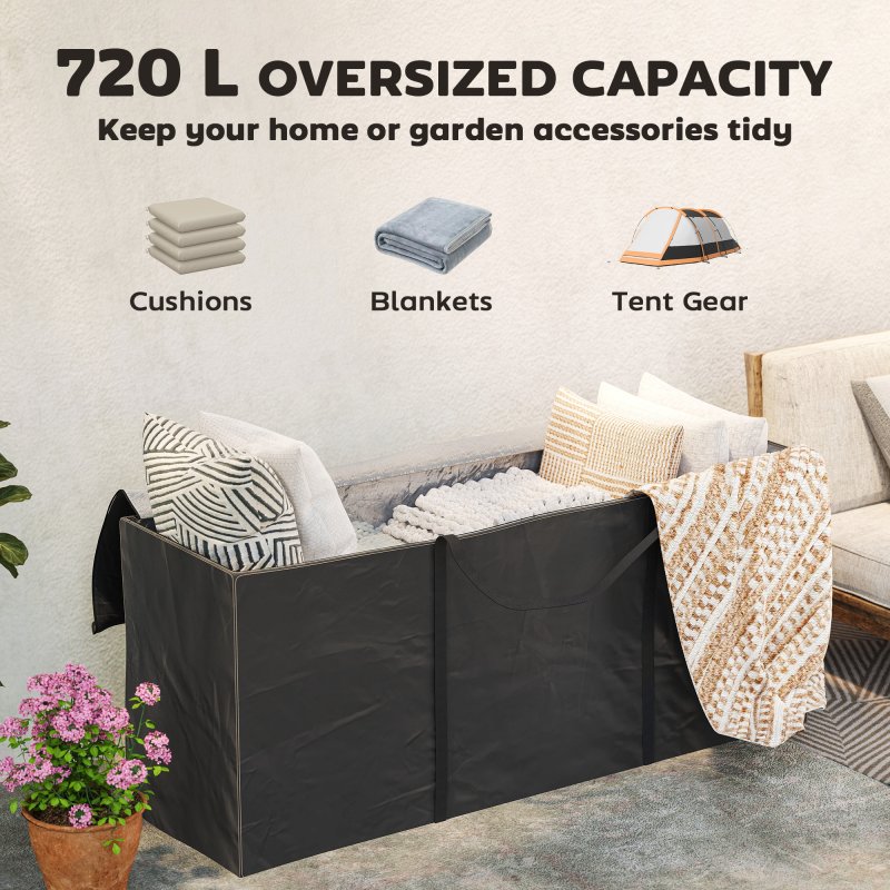 Outsunny 720 L Outdoor Garden Cushion Storage Bag, Heavy Duty 600D Oxford Fabric Waterproof Garden Furniture Cushion Storage Bag with 2-Way Zip for Tent, Christmas Tree, 175 x 55 x 75 cm, Black