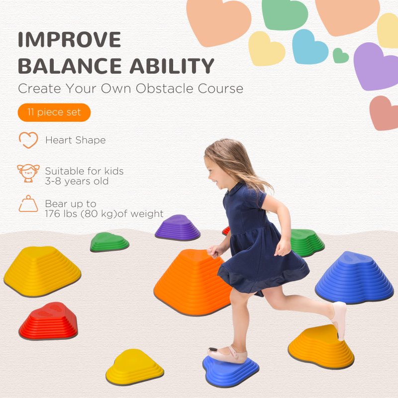 AIYAPLAY Kids Stepping Stones, 11 Piece Balance Stepping Stones for Kids, Heart-Shaped Non-Slip Stackable River Stones, Sensory Toy for Balance and Motor Skills, Indoor Outdoor Obstacle Courses