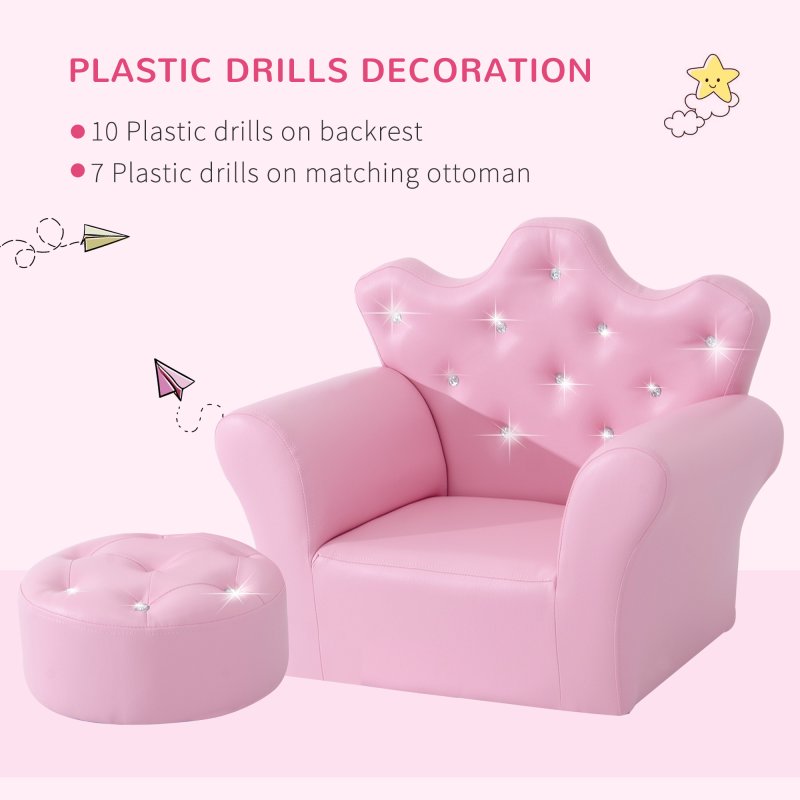 HOMCOM Kids Armchair Toddler Chair Sofa Set with Free Footstool Pink