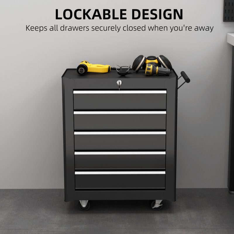 HOMCOM Steel 5-Drawer Tool Storage Cabinet Lockable with Wheels Handle 2 Keys Garage Equipment Trolley Home Work DIY Workshop Chest Black