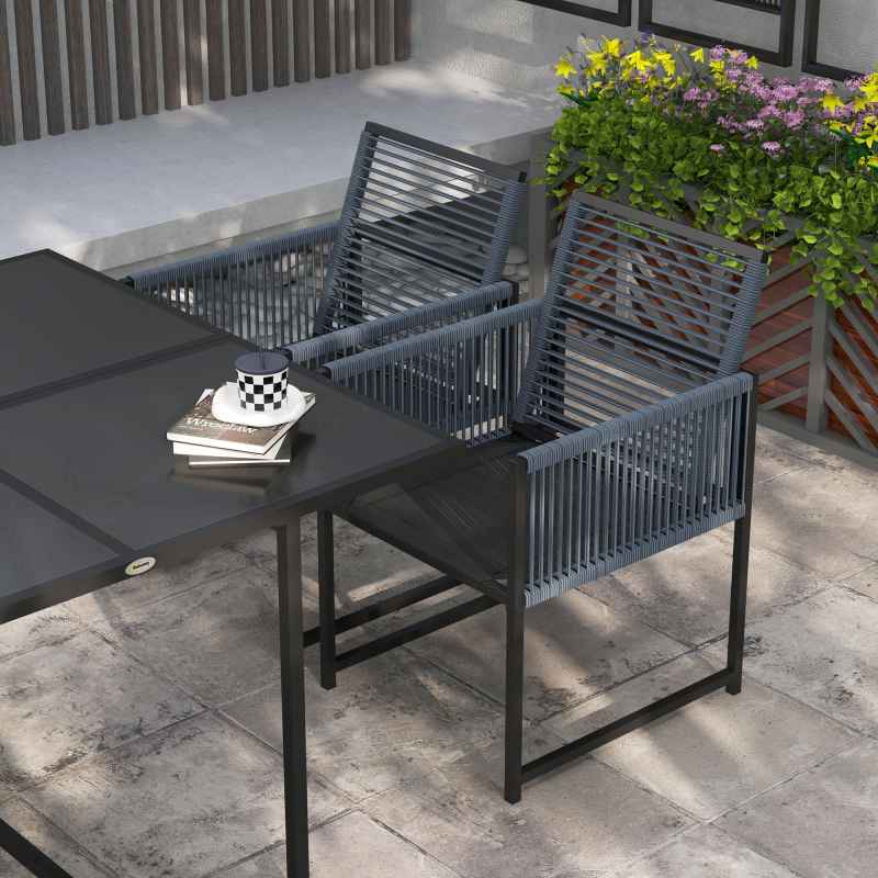 Outsunny 5 Pieces Garden Dining Set, Outdoor Patio Cube Set, 4 Seater Outdoor Table and Chairs with Foldable Backrest, Tempered Glass Top, Handwoven Rope for Poolside, Space-Saving, Dark Grey