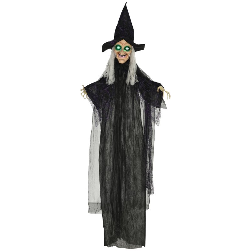 HOMCOM 6ft Outdoor Halloween Decoration Witch, Standing Witch Prop Life Size with Sound and Motion Activated, Light Up Eyes, Talking Sound, Posable Arms