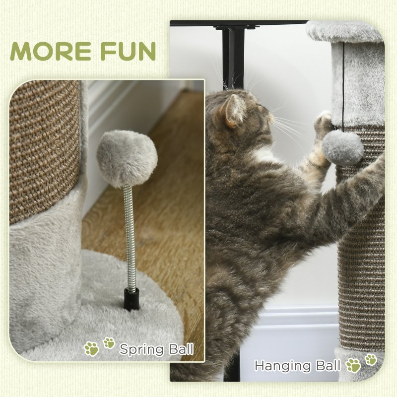 PawHut 58cm Cat Scratching Post for Corner Wall, Claw Scratcher, with Smooth Plush, Sisal Rope, Toy Balls, Stable Base - Grey