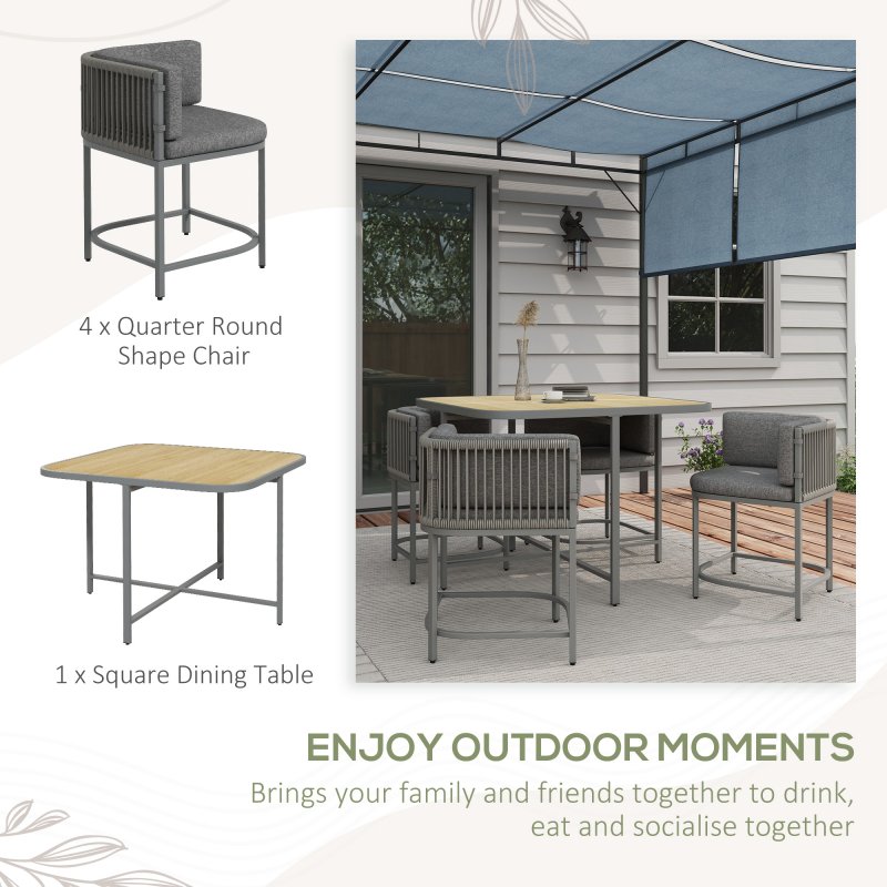 Outsunny 4 Seater Rattan Cube Garden Furniture Set with Cushions, Square Garden Dining Set with Stone Composite Board Top Table, Wicker Outdoor Table and Chairs, Grey