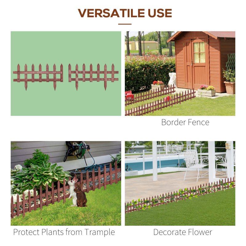 Outsunny Pack of 12 Wooden Border Fences, Garden Fixed Picket Fence for Lawn Edging, Flowerbed, 60L x 1D x 34H cm, Rustic Brown