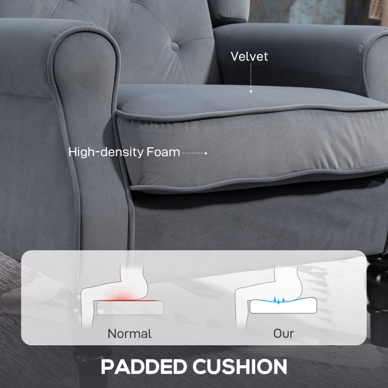 HOMCOM Retro Accent Chair, Velvet Wingback Armchair with Wood Frame Button Tufted Design for Living Room Bedroom, Grey