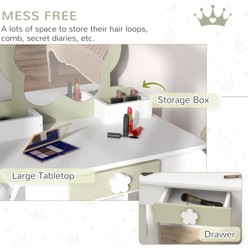 ZONEKIZ Dressing Table with Mirror and Stool, Kids Vanity Table with Drawer, Storage Boxes, Beauty Flower Design Girls Dressing Table for Ages 3-6 Years - White