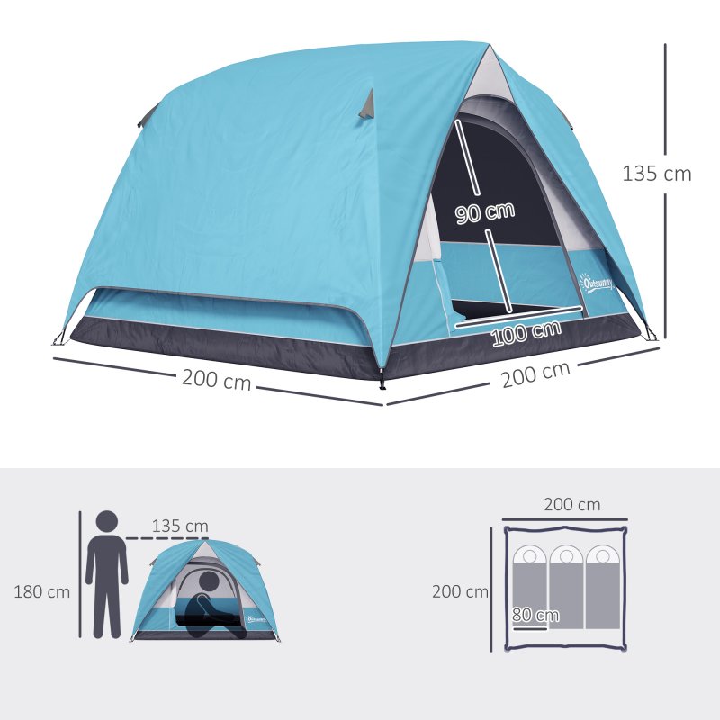 Outsunny 3-4 Person Camping Tent, Easy Set Up Waterproof Dome Tent with Sewn-in Groundsheet, Mesh Windows, Pocket and Hook for Camping, Hiking, Backpacking, Navy Blue and Light Blue