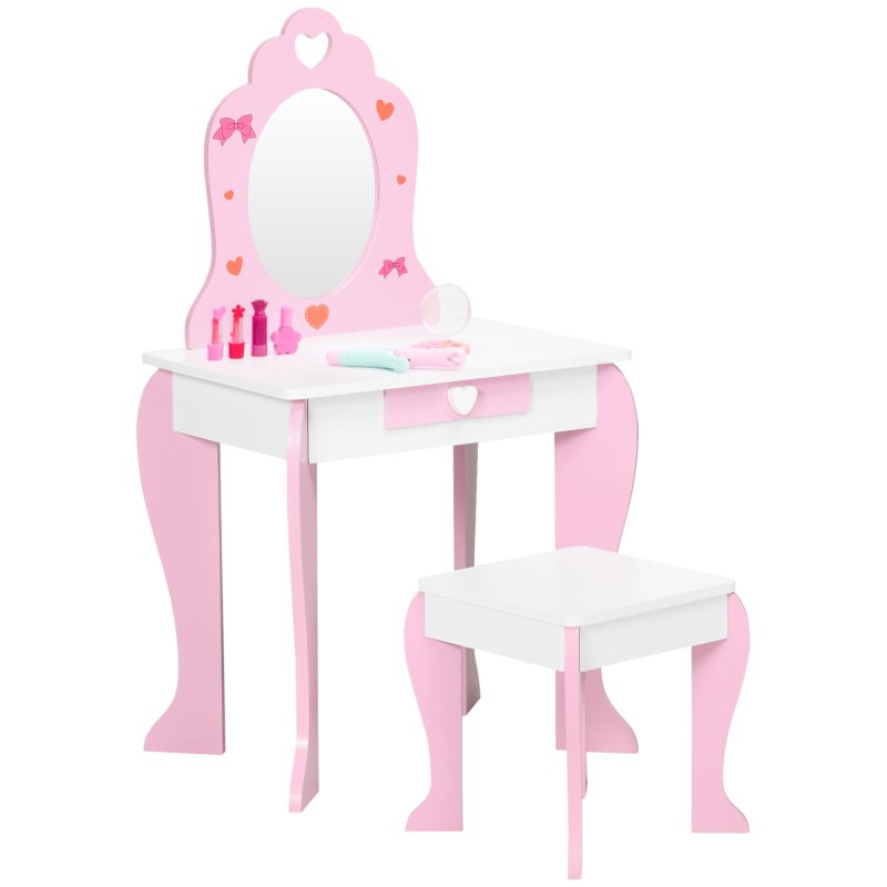 ZONEKIZ Kids Dressing Table with Mirror and Stool, Vanity Set w/ Love Heart and Bow Design, Girl Makeup Desk w/ Drawer, for Ages 3-6 Years - Pink