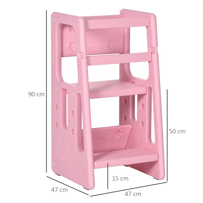 HOMCOM Kids Step Stool, Adjustable Standing Platform, Toddler Kitchen Stool , Standing Tower for Kids, Kitchen Counter with Three Adjustable Heights - Pink