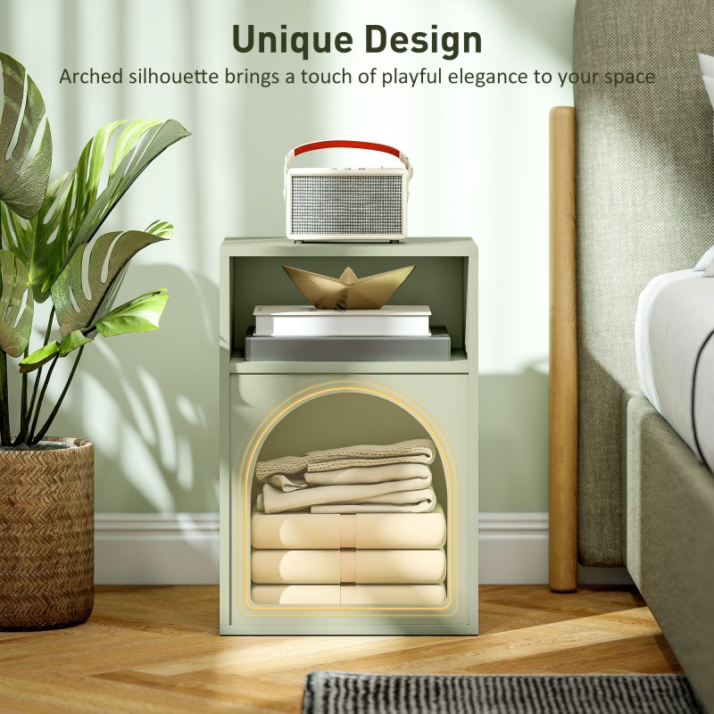 HOMCOM Bedside Table, Modern Bedside Cabinet with 2 Open Compartments and Unique Arch Design, Side Table for Living Room, Bedroom, Light Green