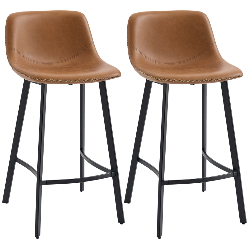 HOMCOM Bar Stools Set of 2, PU Leather Kitchen Stools, Upholstered Breakfast Bar Chairs with Backrest, Steel Legs for Home, Dining Room, Brown