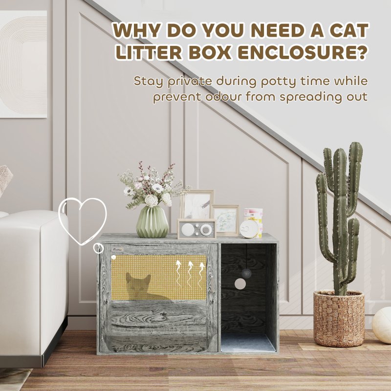 PawHut Cat Litter Box Enclosure with Rattan Door, Boho Style Hiddern Litter Box Furniture, Cat House End Side Table with Scratching Mat, Toy Ball, Non-slip Foot Pads, 80 x 50 x 50cm, Grey