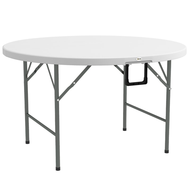 Outsunny Folding Garden Table, 122 cm Round HDPE Outdoor Picnic Table for 6, Metal Frame for Patio, Park, White