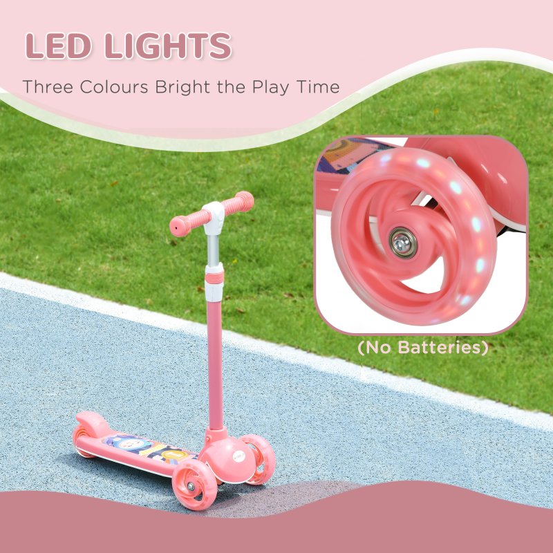 AIYAPLAY Kids Scooter, 3 Wheel Scooter for Toddlers Ages 2-6, with 3-level Adjustable Height, LED Light, TPE Handlebar, Kick Scooter for Boys and Girls, Pink