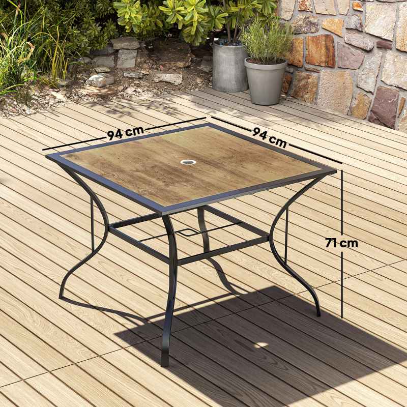 Outsunny 94 x 94 cm Garden Table with Parasol Hole, Outdoor Dining Table for 4, Square Patio Table with Stone-Grain Effect PC Board Top for Patio, Garden, Brown