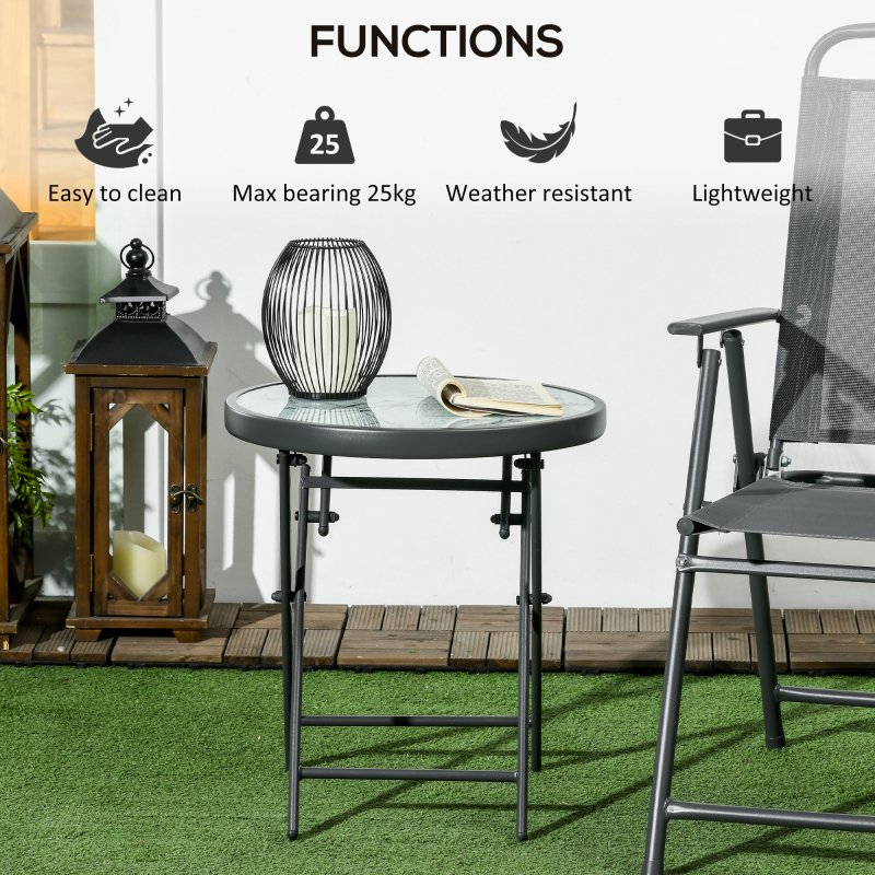 Outsunny ??45cm Garden Side Table, Outdoor Round Folding Patio Table with Imitation Marble Glass Top, Small Coffee Table, White