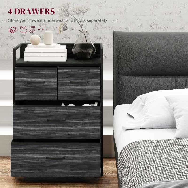 HOMCOM Bedroom Chest of Drawers, Fabric Dresser with 4 Drawers, Storage Organiser Unit with Open Shelf and Metal Frame for Living Room, Entryway