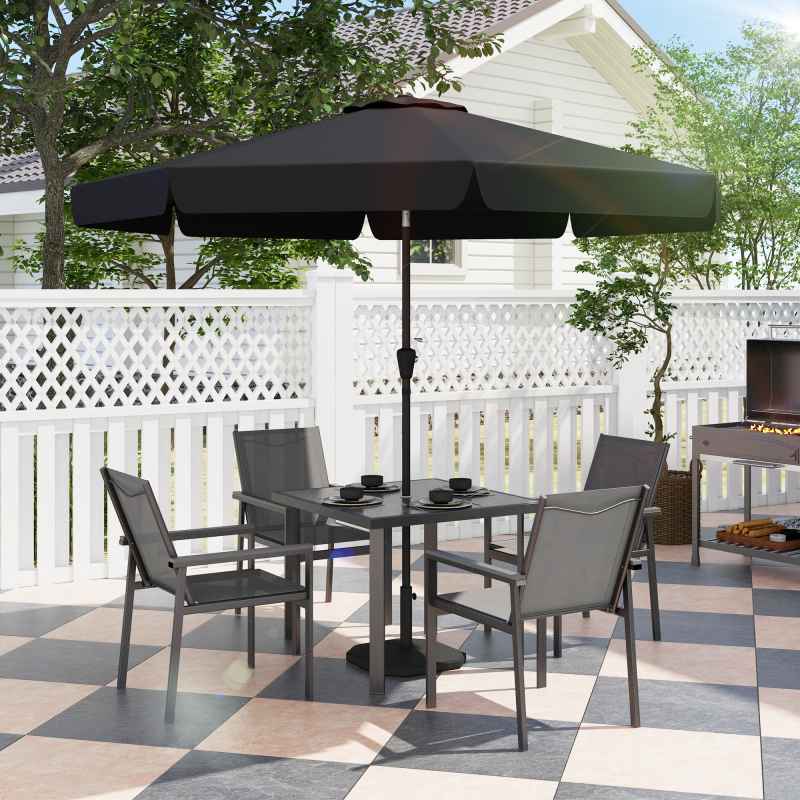 Outsunny 5 Pieces Garden Dining Set with Glass Top Dining Table, Outdoor Patio Table and 4 Armchairs with Texteline Fabric Seats and Backrest, Wood-plastic Composite Armrests Top, Grey