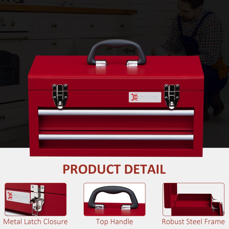 DURHAND 2 Drawer Tool Chest, Lockable Metal Tool Box with Ball Bearing Runners, Portable Toolbox, 460mm x 240mm x 220mm, Red