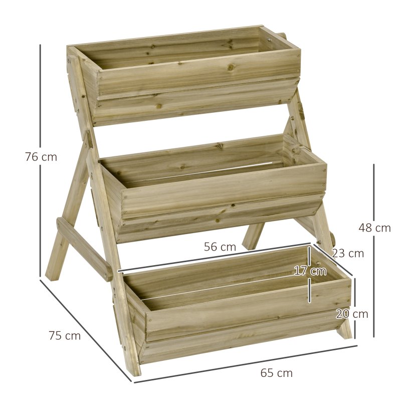 Outsunny 3 Tier 66L Raised Garden Bed Wooden Elevated Planter Box Kit for Flower, Vegetable, Herb, 65 x 75 x 76cm, Green