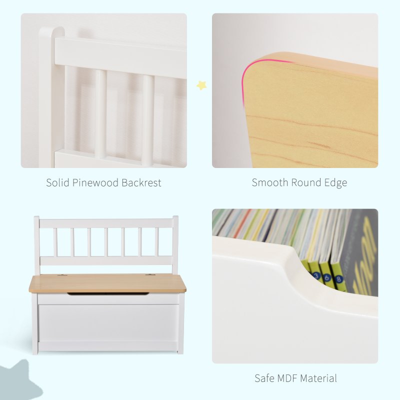 HOMCOM 2 In 1 Wooden Toy Box, Kids Seat Bench Storage Chest Cabinet Organiser w/ Safety Pneumatic Rod, 60 x 30 x 50cm - White