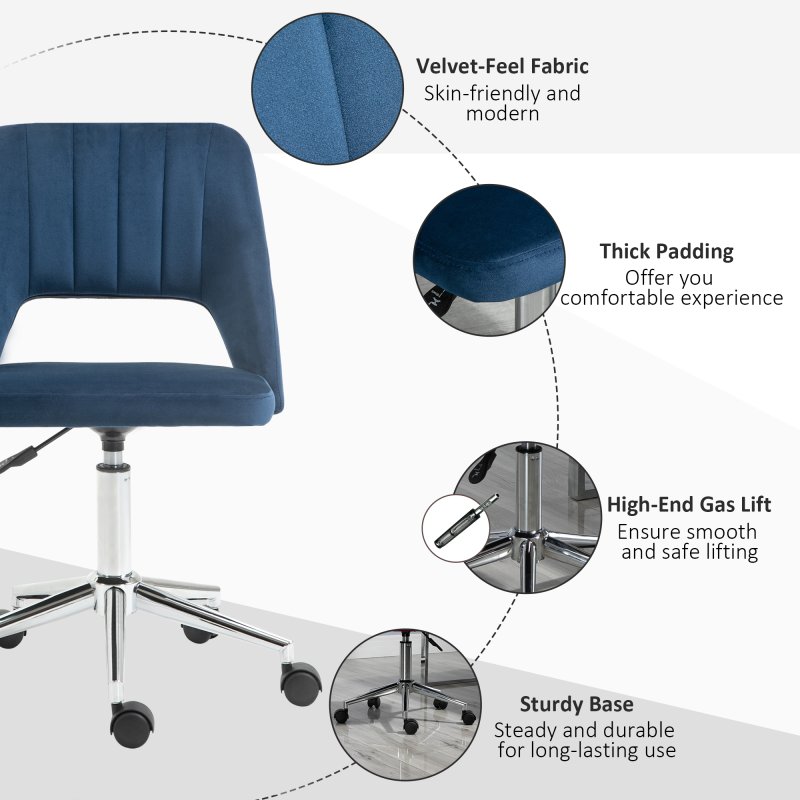 Vinsetto Mid Back Office Chair, Velvet Fabric Swivel Scallop Shape Computer Desk Chair for Home Study Bedroom, Dark Blue