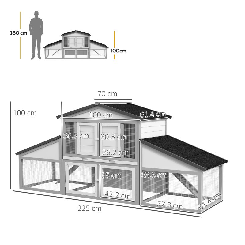 PawHut Large Rabbit Hutch with Run, Outdoor Bunny Cage with Tray, Ramp, Wooden Guinea Pig House, Light Grey