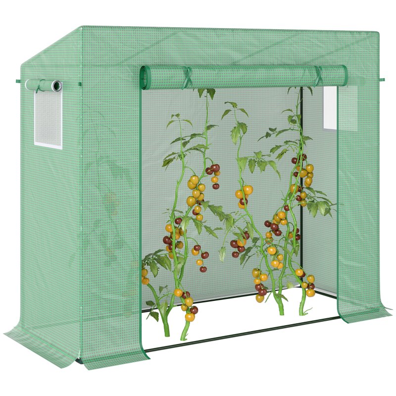 Outsunny Tomato Greenhouse Walk-in Garden Greenhouse with Pent Roof, Roll-up Door, Mesh Window for Plants Flowers Herbs Grow, 200 x 76 x 168 cm, Green