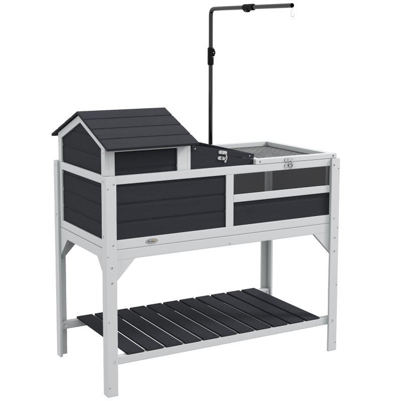 PawHut Tortoise House, 2 Layers Wooden Tortoise Enclosure with Adjustable Lamp Holder, Tortoise Table with Openable Lid, Removable Main House, Storage Shelf, Run Box, Fixed Tray - Grey