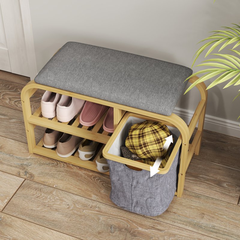 HOMCOM Bamboo Shoe Bench with Cushion, Shoe Rack Bench with 2 Slatted Shelves and Pull-Out Fabric Basket for Hallway, Entryway, Living Room, Nature Wood Finish