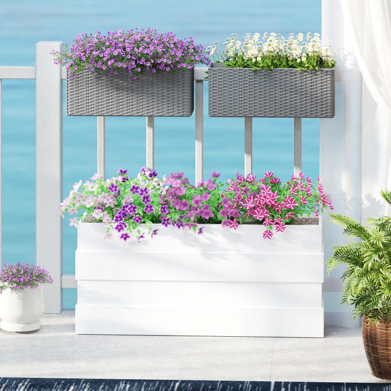 Outsunny Set of 2 Hanging Flower Boxes, 50 cm Long, Rattan Look Flower Pot with Drainage Holes and Hooks, Railing Box for Fence Balcony Garden, Grey