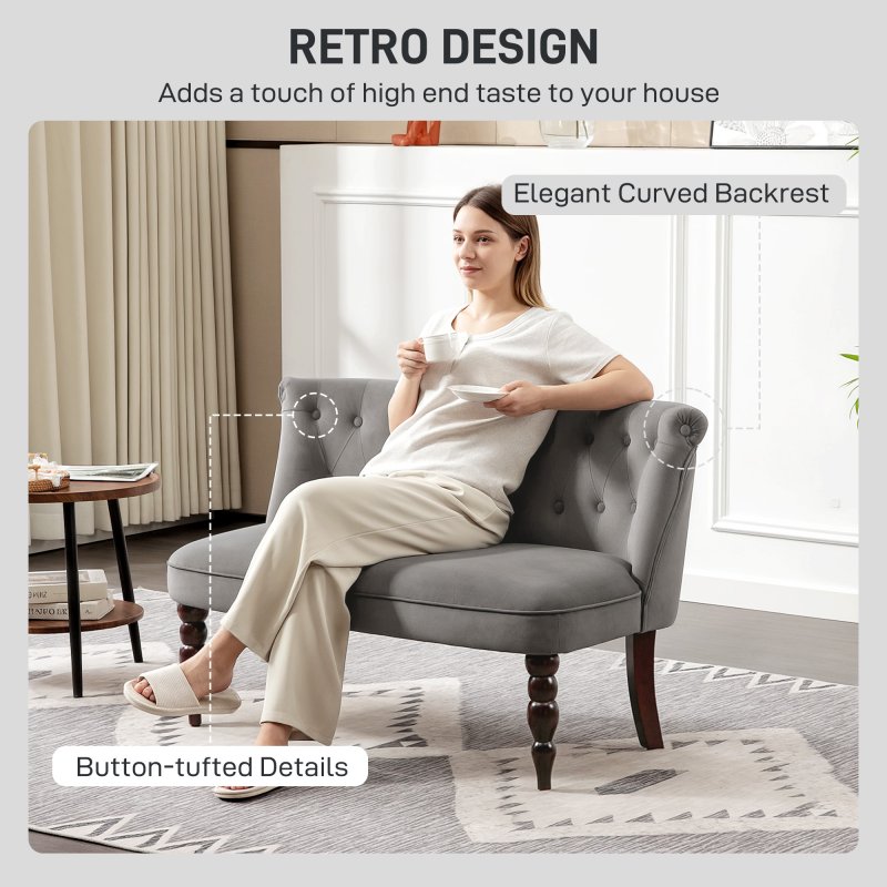 HOMCOM Loveseat with Wood Frame, Compact 2 Seater Sofa, Button Tufted Chaise Lounger with Carved Legs, Vintage Design for Bedroom Living room, Charcoal Grey