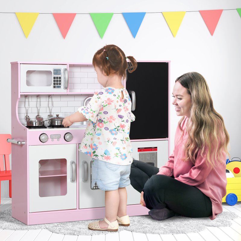 AIYAPLAY Play Kitchen, Kids Kitchen Playset Toy with Chalkboard, Toy Phone, Microwave, Ice Maker, Cooking Stoves, Sink, for Boys Girls Ages 3-8 Years, Pink
